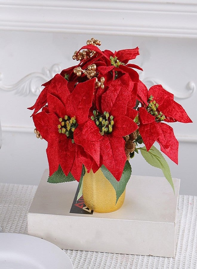 DULRLLY Artificial Christmas Flowers - 7 Heads Faux Red Poinsettia Plants in Pots - Fake Poinsettia Bonsai Christmas Arrangement for Home, Office, Garden Party Decor (1 Pcs) - Image 3